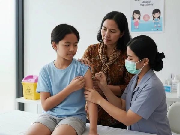 Seorang anak laki-laki menerima suntikan vaksin HPV di lengannya.